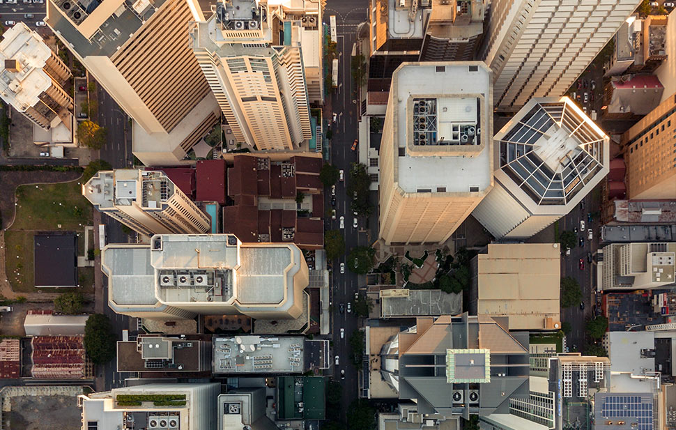 top down view of city buildings